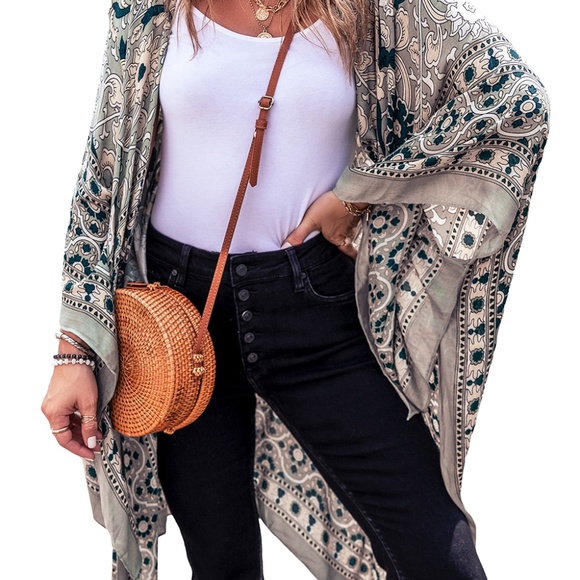 Green Vintage Floral Print Long Split Open Front Kimono - Picture 7 of 7